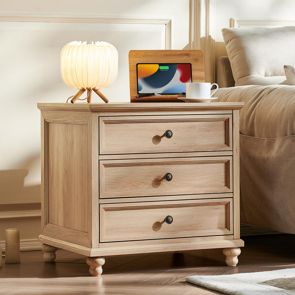 24" Wide Farmhouse Night Stand, Large End Table with 3 Drawers & Metal Handle, Natural Dresser, Bed Side Table Chest