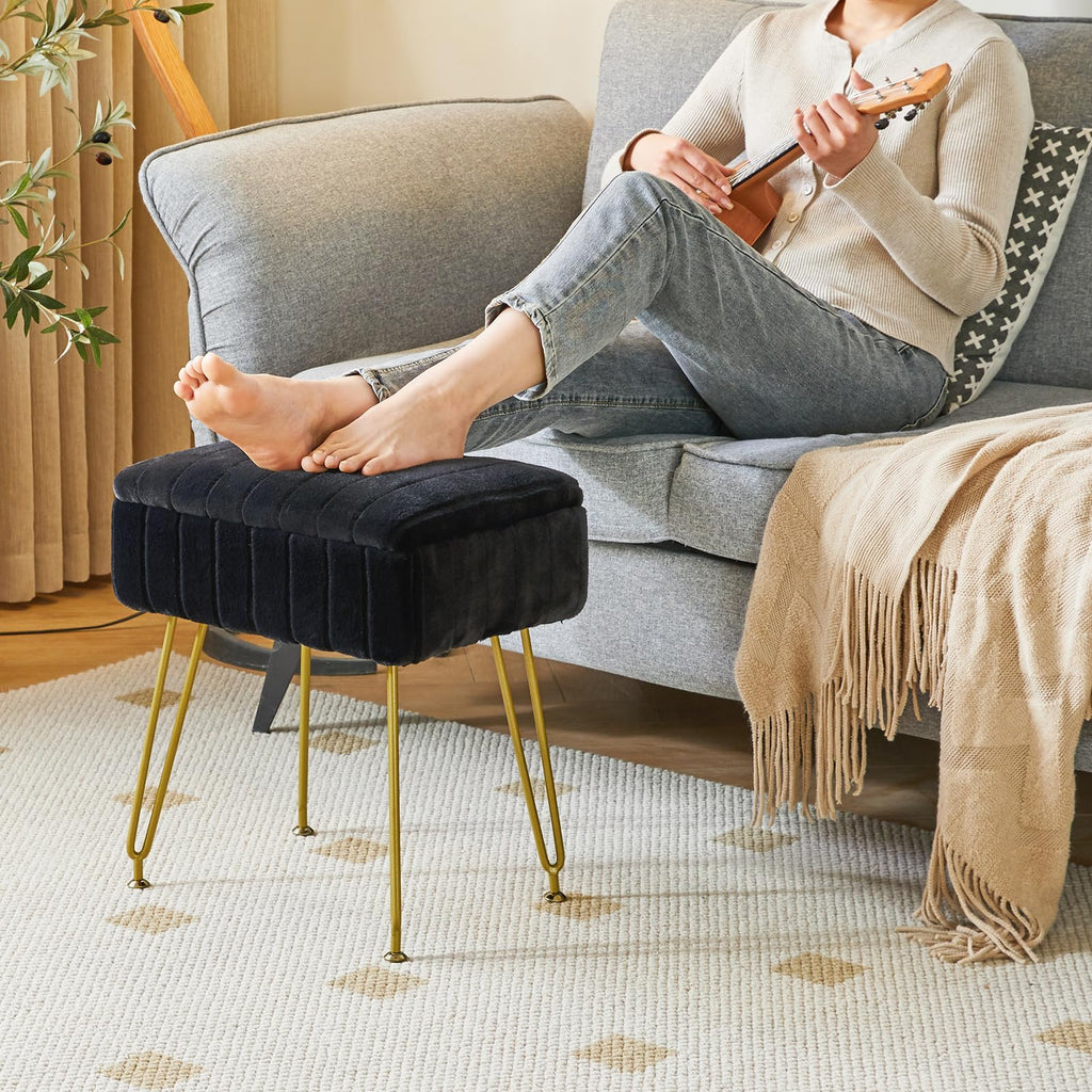 Vanity Stool Chair with Storage, Faux Fur Ottoman, Black