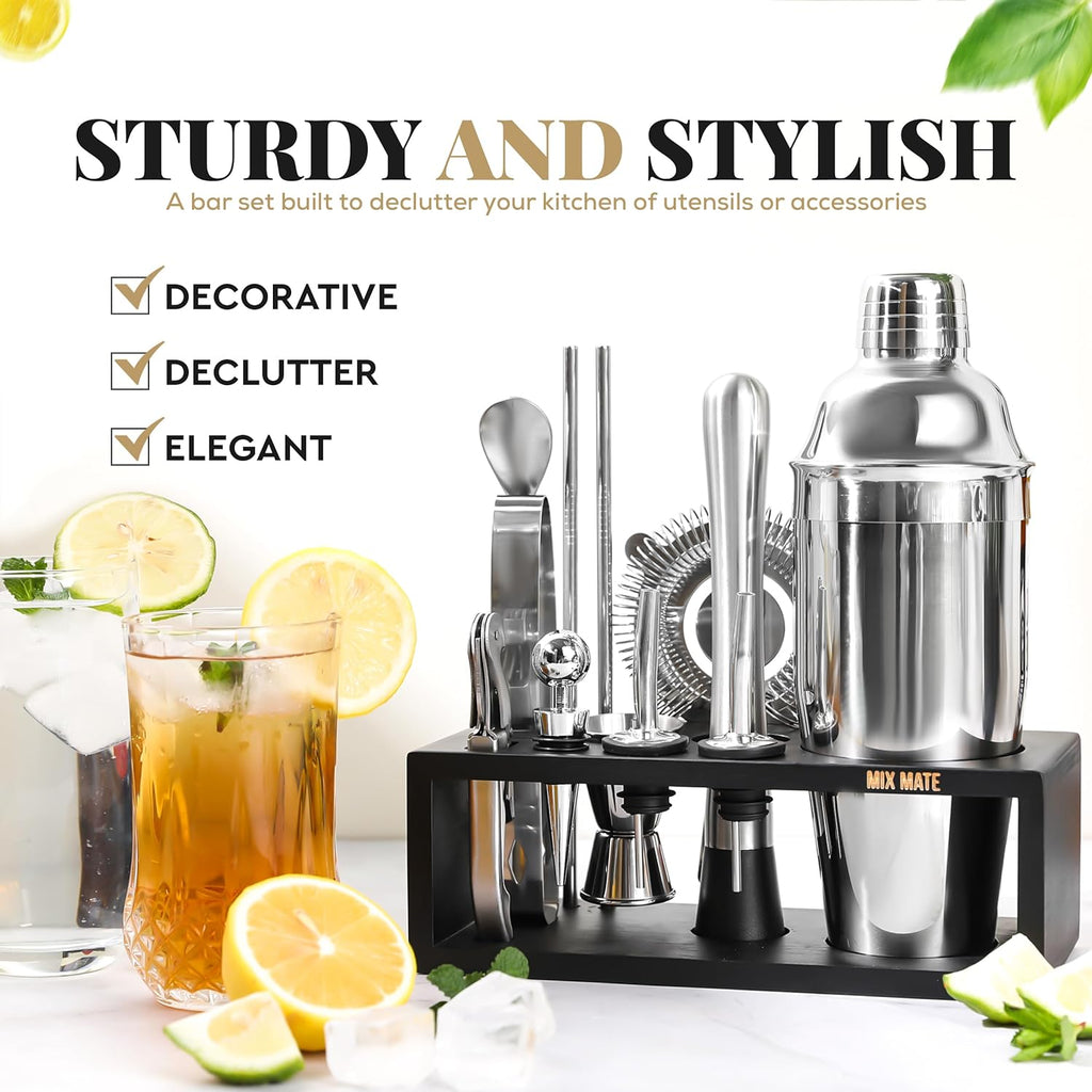 Mixology Bartender Kit with Stand - 15 Piece Bar Tool Set, Silver Bar Set Cocktail Shaker Set for Drink Mixing