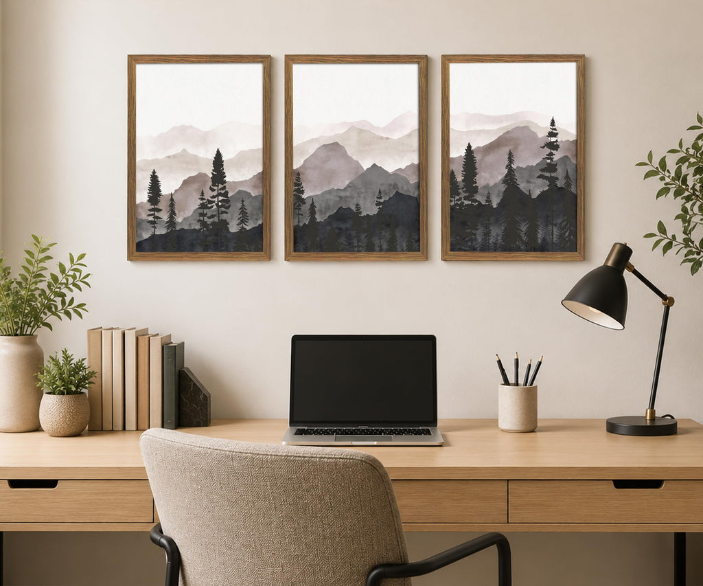 Framed Pine Forest Wall Art Set of 3, Misty Mountain Landscape, 12x16 Inch