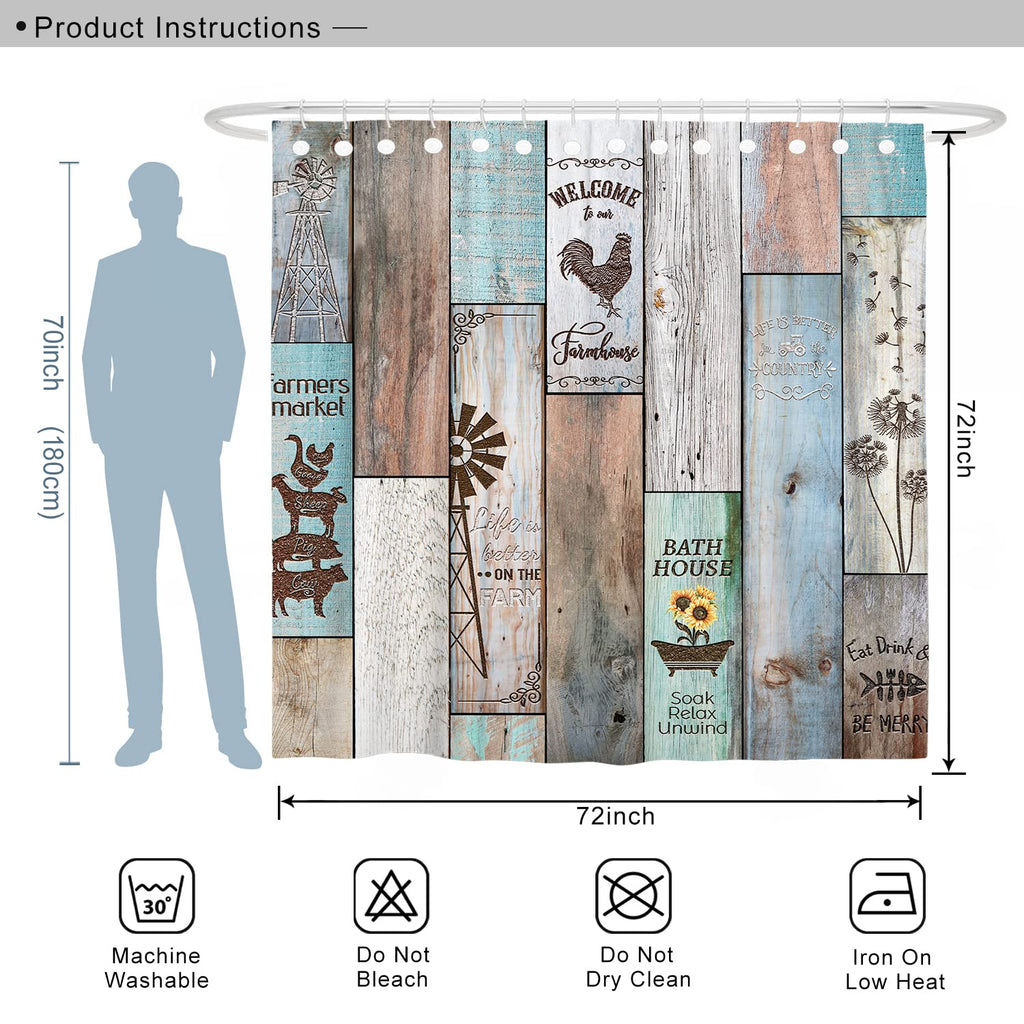 Farmhouse Rustic Set Vintage Country Shower Curtains Wood Farmhouse Bathroom Decor Polyester Fabric-72" x 72"