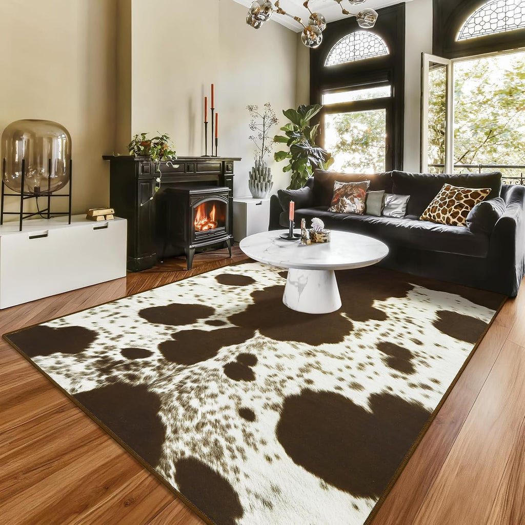 Faux Cowhide Rugs Bedroom, 8x10 Cow Print Area Rug | Machine Washable Non-Slip Stain Resistant Rug Premium Western
