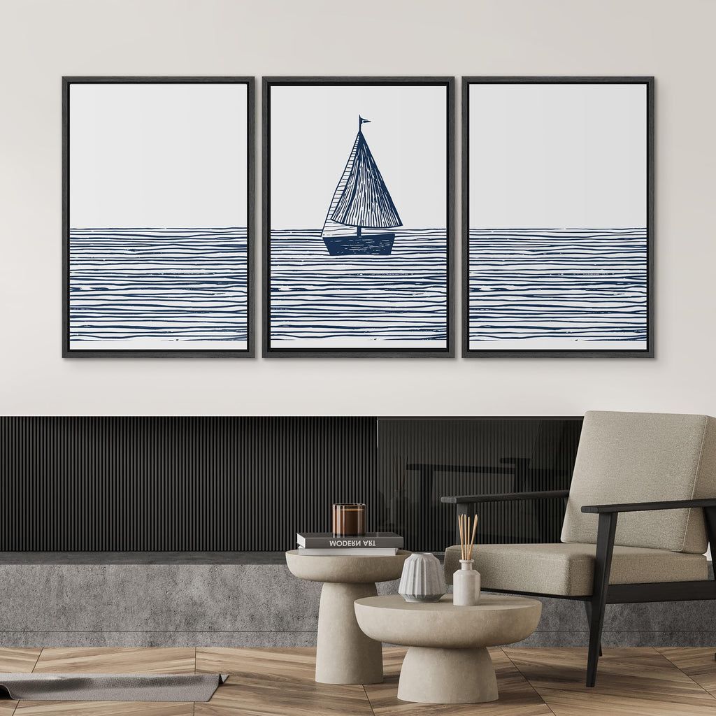 Framed Canvas Print Wall Art Sailboat Ocean Line
