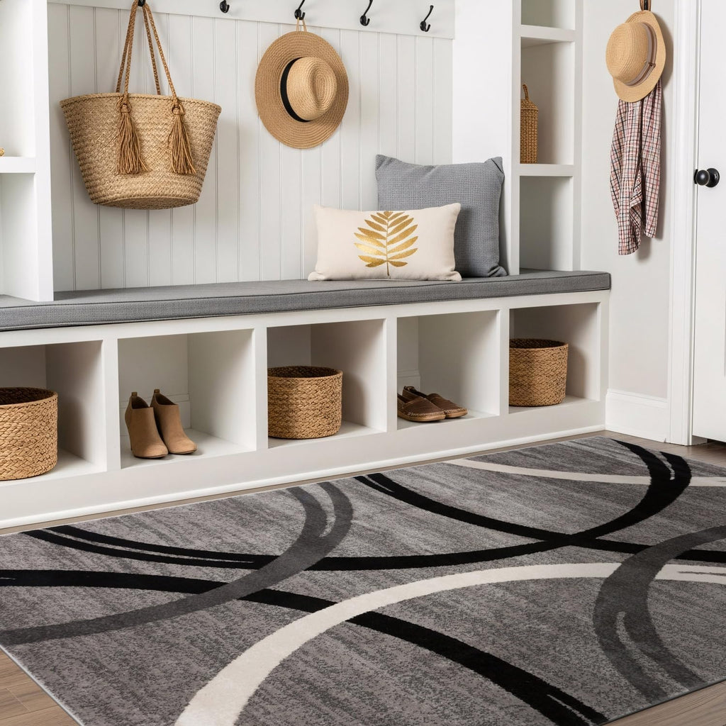 Wavy Circles Design Area Rug, Fade-Resistant Carpet for Living Room, Dining Room, or Bedroom, Gray, 5'3" x 7'3"