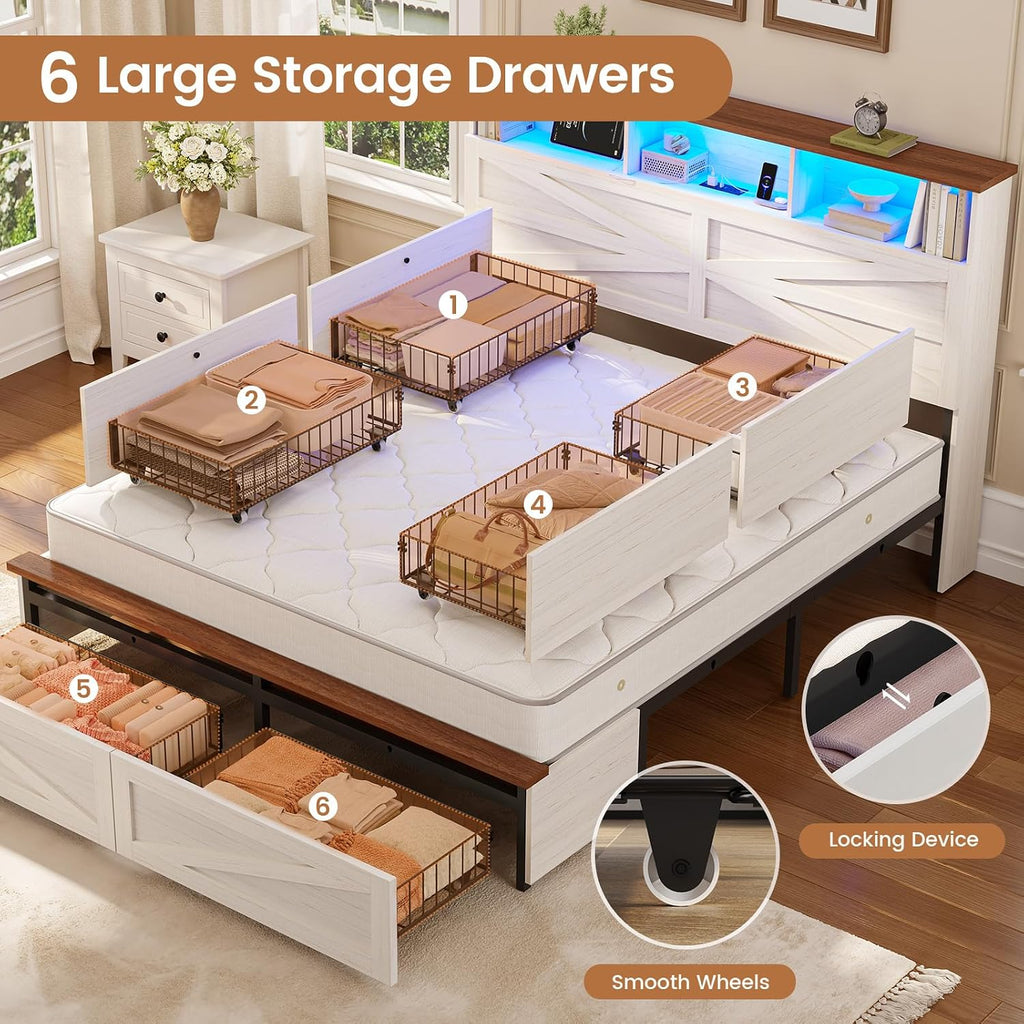 Queen Bed Frame with 6 Drawers, Farmhouse Bed Frame with Barn Door Headboard and Storage, Wood Platform Bed Frame