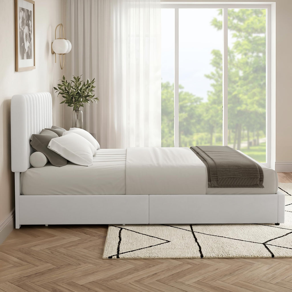 Full Size Upholstered Bed Frame with 4 Drawers and Headboard, Velvet Platform Storage Bedframe, Wooden Slats Support