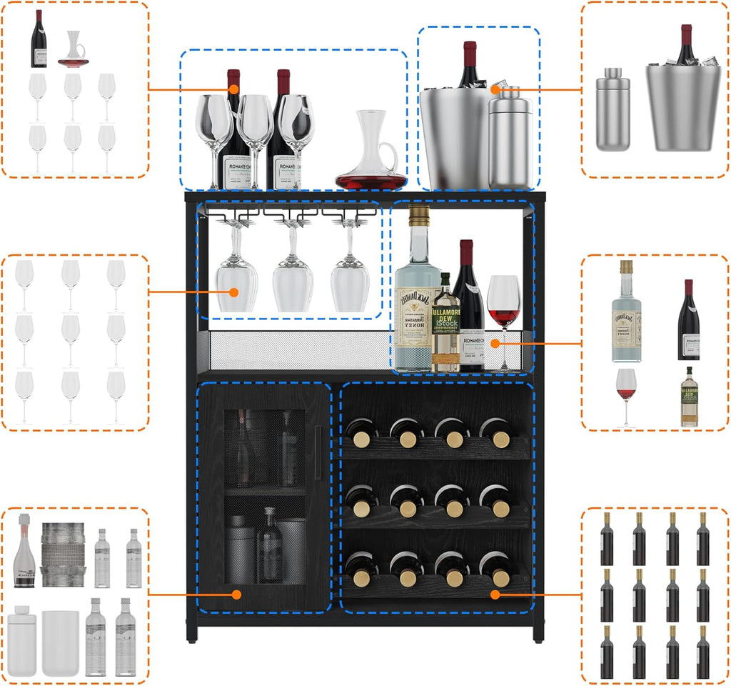 Vintage 3-Tier Wine Bar Cabinet-Small Buffet Sideboard with Adjustable Shelves,Glass Holders,Mesh Door &