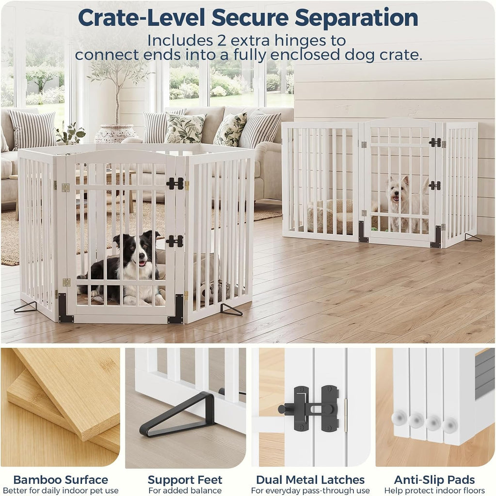 Dog Gate Indoor, 132" Wide Bamboo Pet Gate with Door, 30"H, White