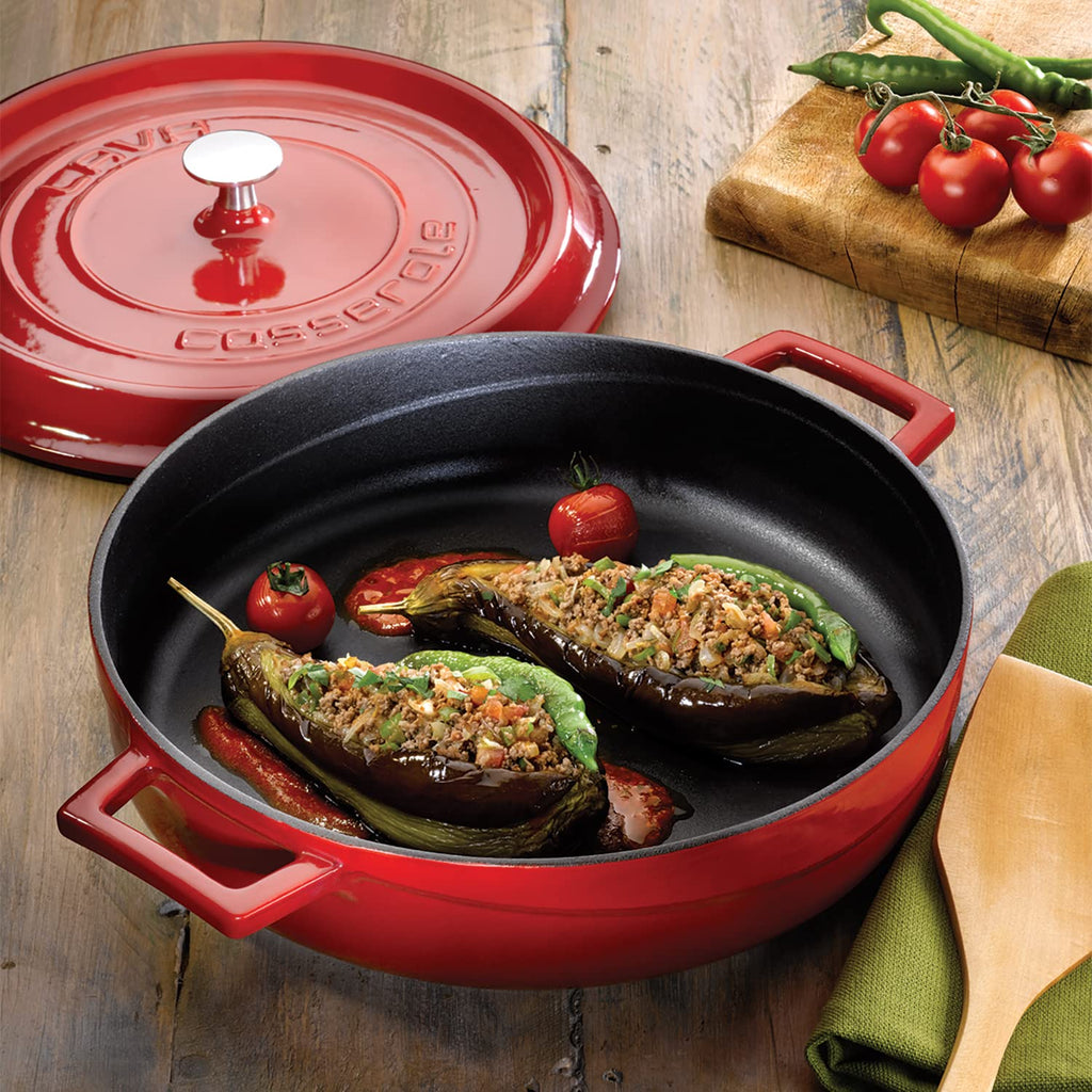 3.7 Quart Enameled Cast Iron Braiser: Multipurpose Stylish Red Round Dutch Oven Pot with Enameled Black Interior and