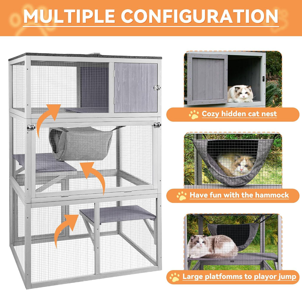 Catio Wooden Outdoor Cat Enclosure with Asphalt Roof, 3 Floors Cat House, Indoor Large Kitten playpen with Hammock &