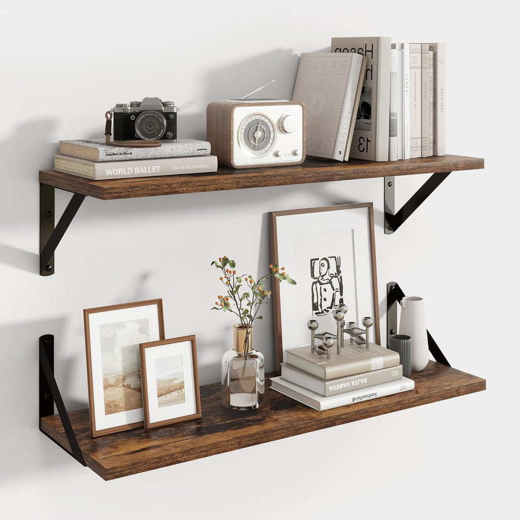 24 Inch Floating Shelves, 8 Inch Deep Brown Wall Shelves Set of 2 | 24'' x 8'' Rustic Brown Wood Shelves for