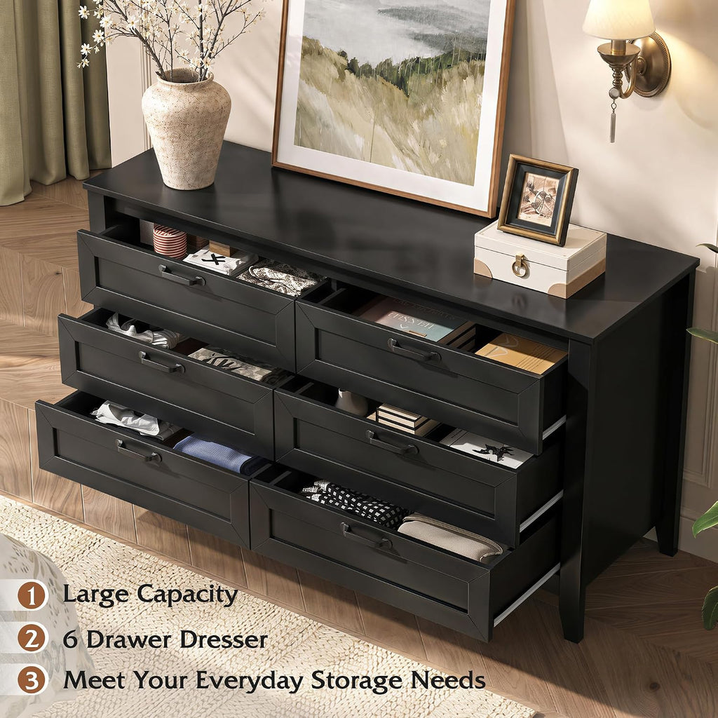Black Dresser 6 Drawers , Wood Dresser TV Stand for 55" TV | SGS-Tested Large Wooden Chest of Drawers with Metal