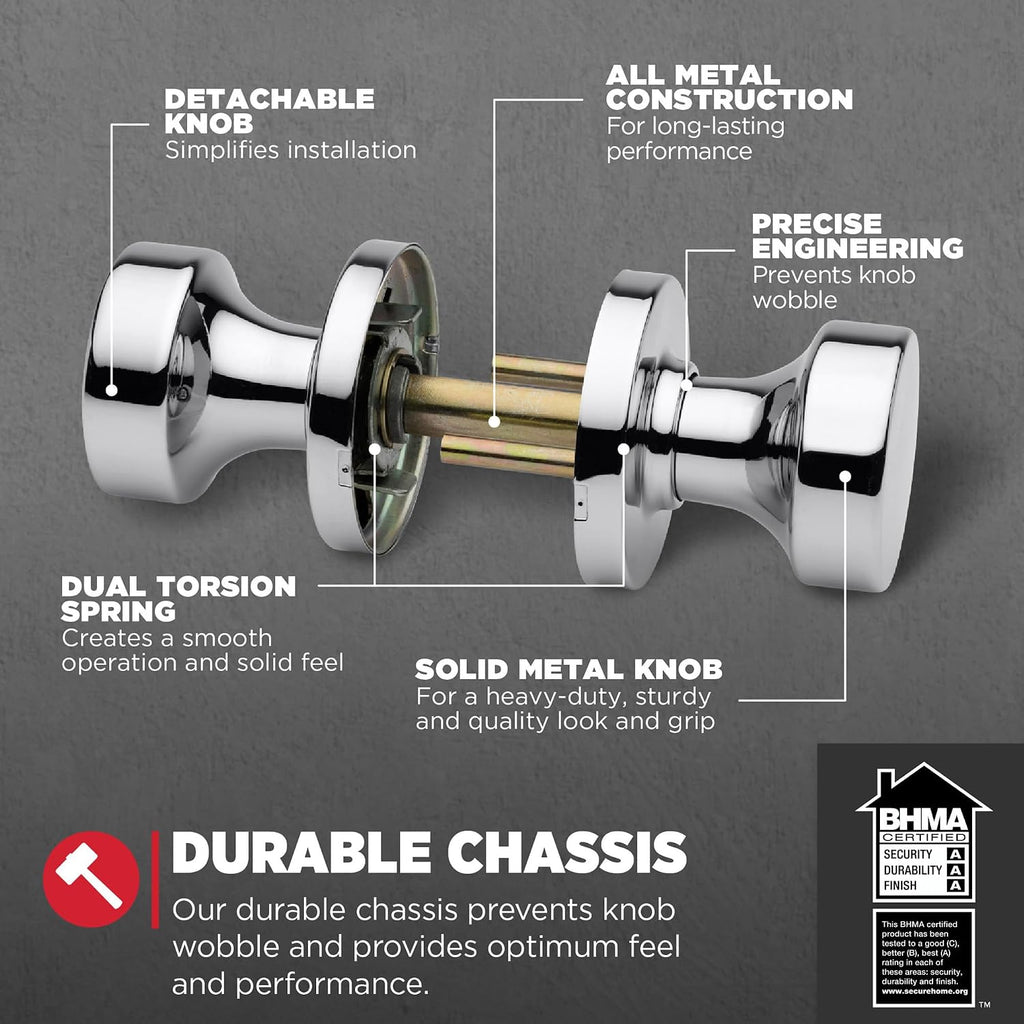 Pismo Interior Passage Door Knob, Handle For Closet and Hallway Doors, Non-Locking Doorknob, Polished Chrome, Round
