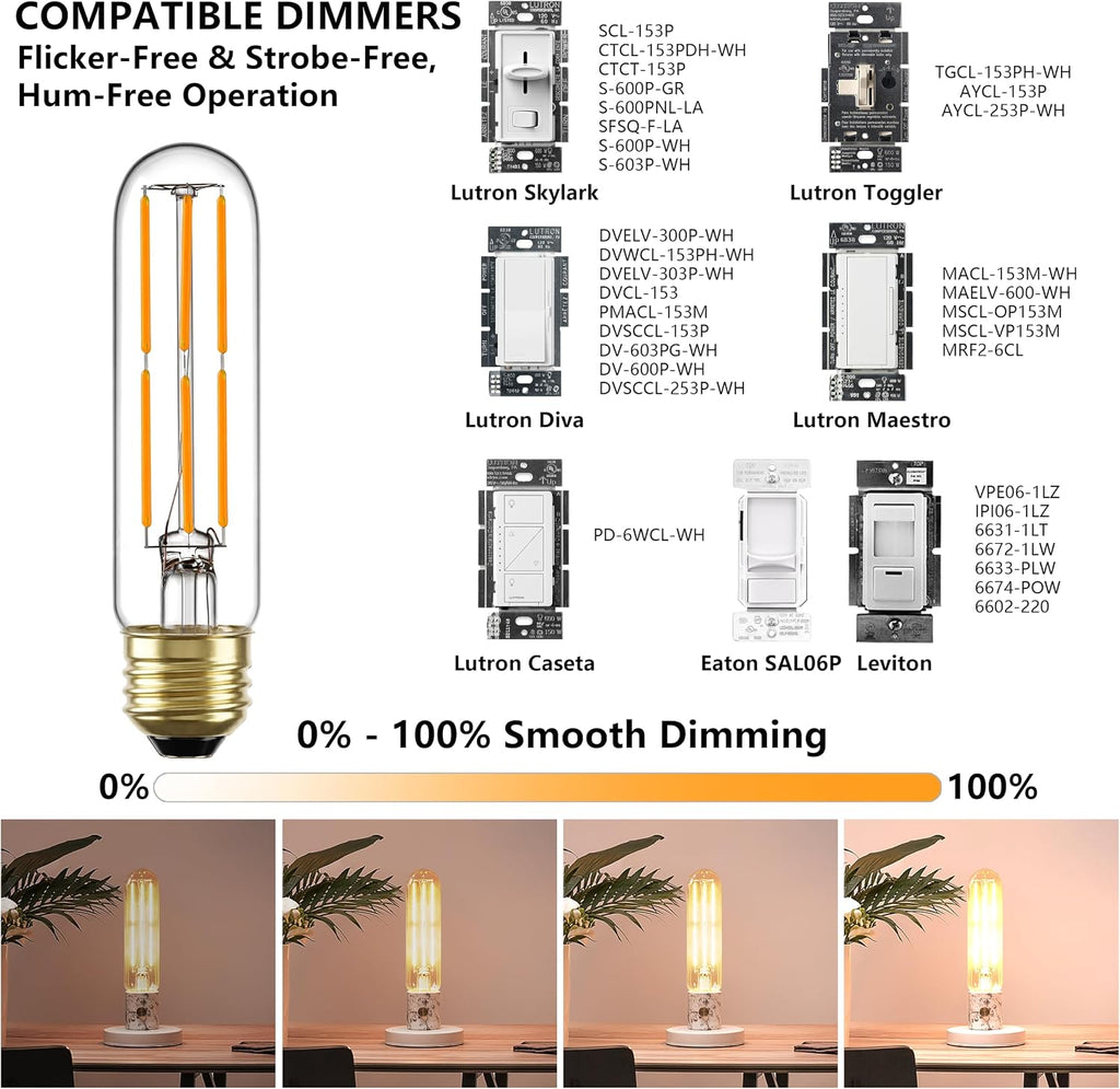 T10 E26 LED Bulb 60W Equivalent 2700K Dimmable, 6 Pack