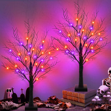 [Timer] 2 Pack Halloween Decorations Indoor, 24 Inch Halloween Tree with 24 Orange & Purple Lights, USB & Battery - Set of 2