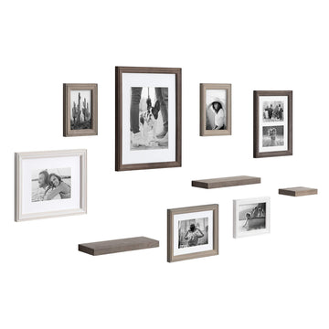 Bordeaux Gallery Wall Frame and Shelf Kit, Set of 10, Multicolored with Whitewash, Charcoal Gray, and Farmhouse Gray