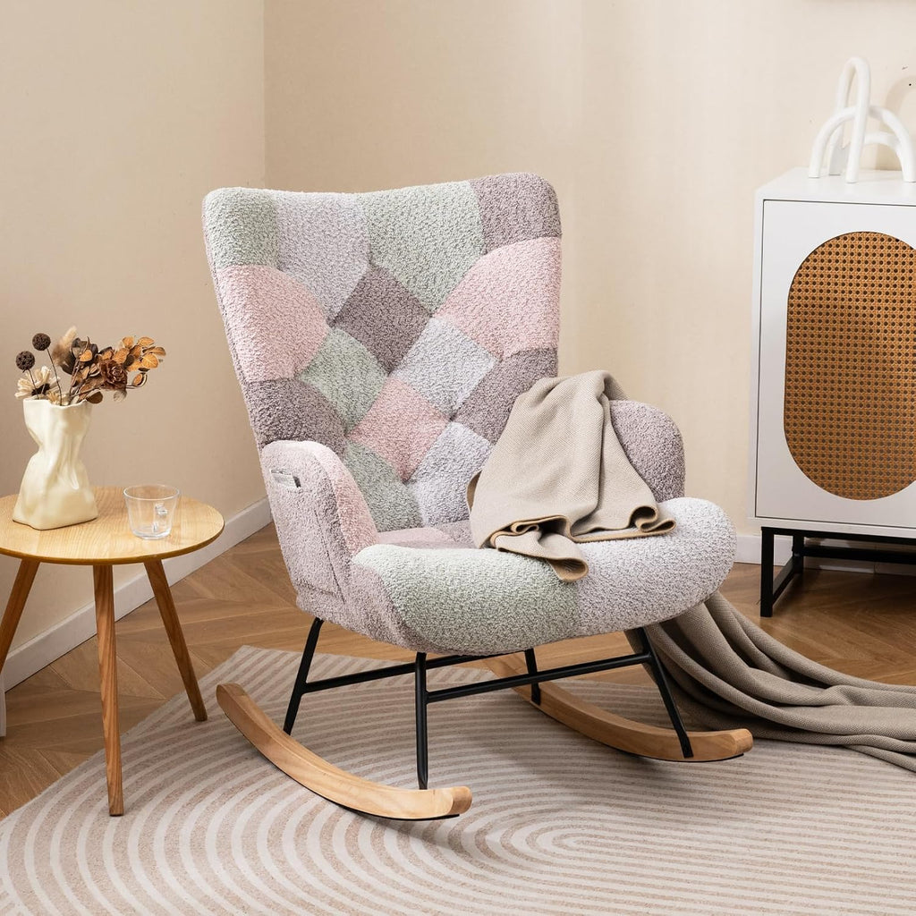 Rocking Chair Nursery, Boucle Upholstered Glider Rocker w/Ergonomic High Backrest, Rubber Wood Legs & Side Pocket