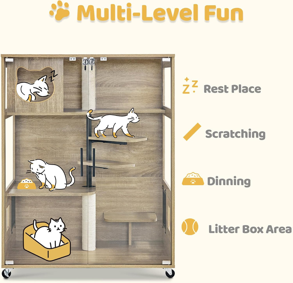 Wooden Luxury Cat House Furniture with Glass Door Indoor Use