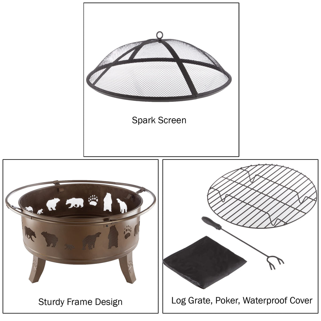 32" Outdoor Deep Fire Pit-Round Large Steel Bowl with Bear Cutouts, Mesh Spark Screen, Log Poker & Storage