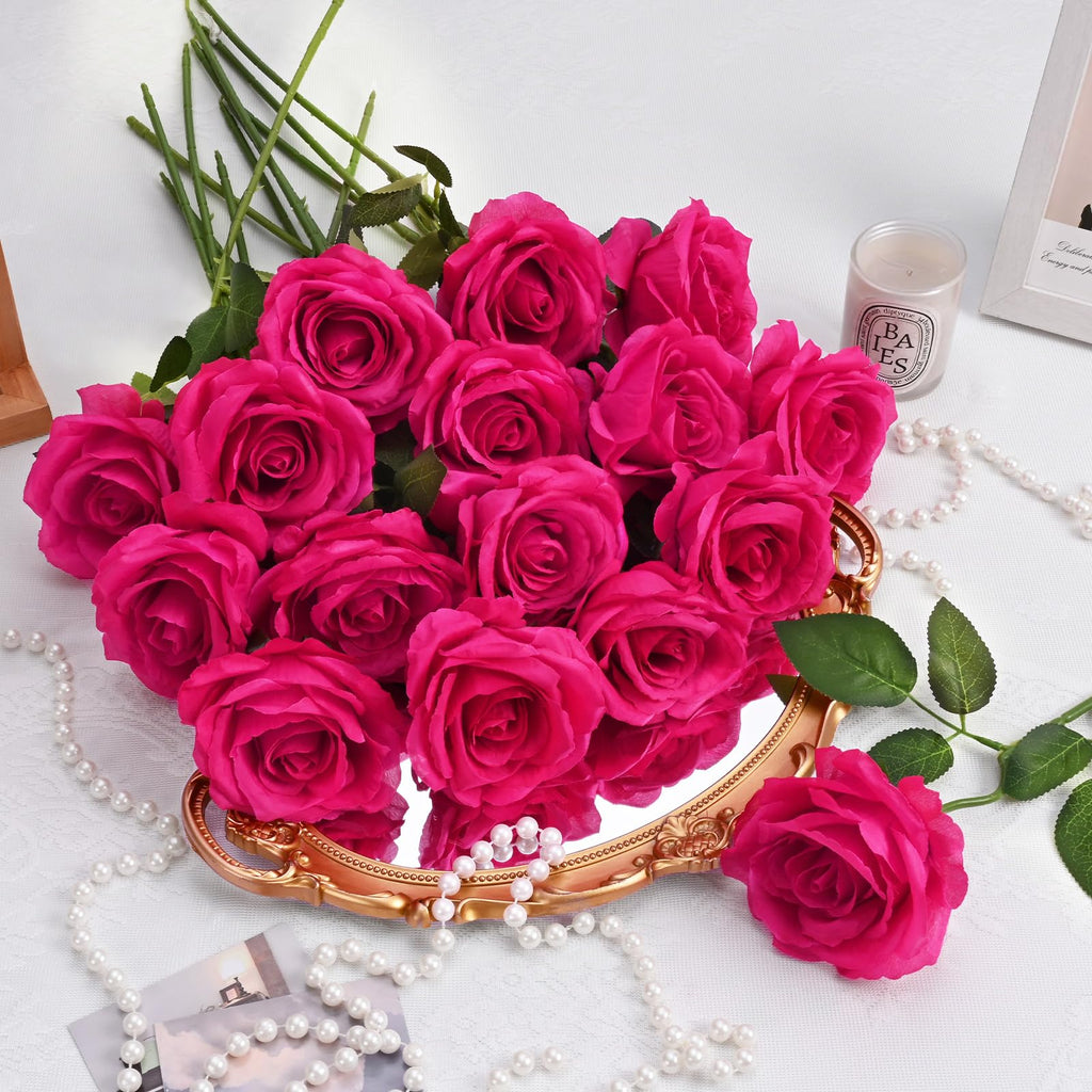 16 Pcs Fuchsia Roses, Long Stem Fake Roses Artificial Flowers, Silk Flowers Bouquet for Valentines Mothers Day
