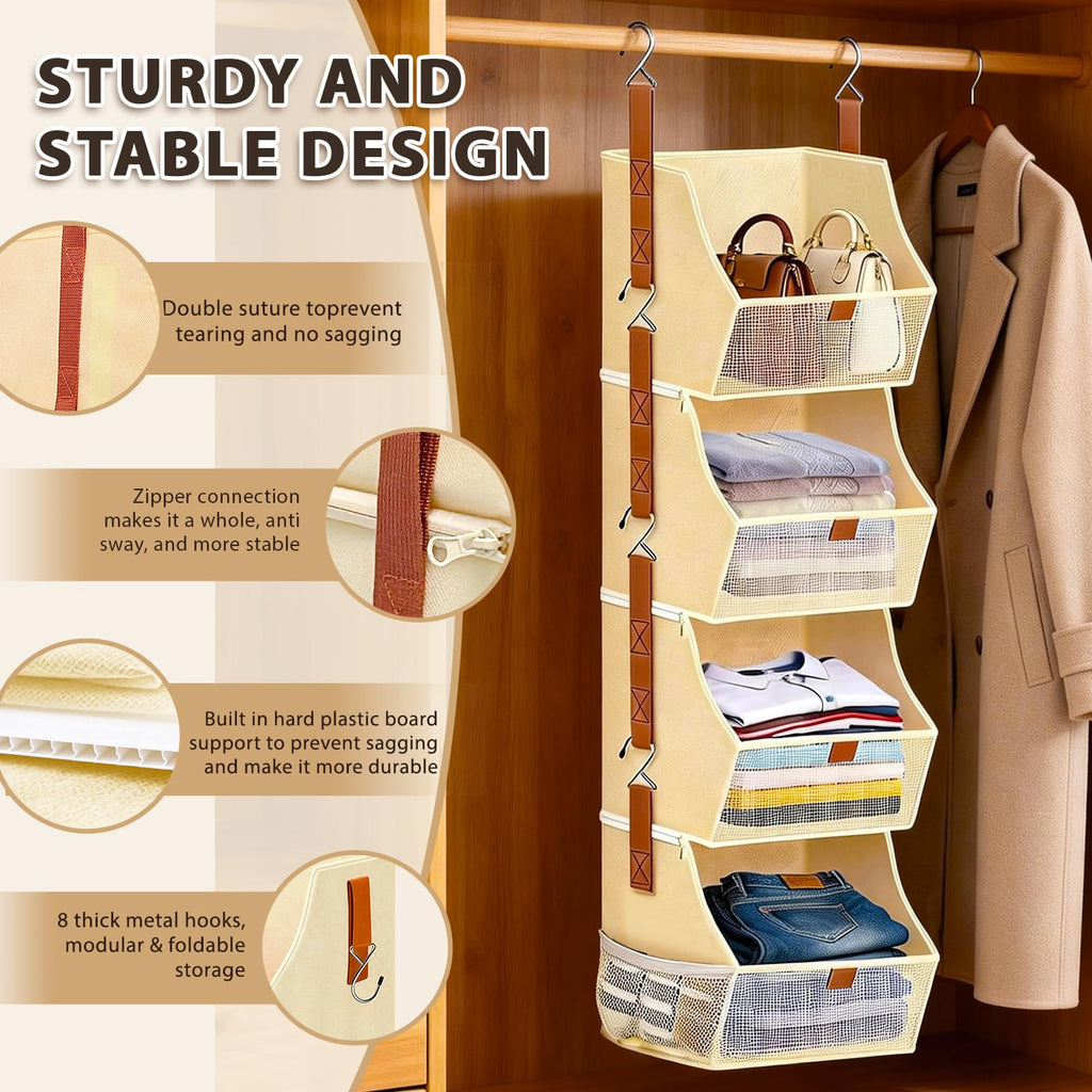Fabric Hanging Closet Clothes Organizers and Storage Detachable 4 Tier