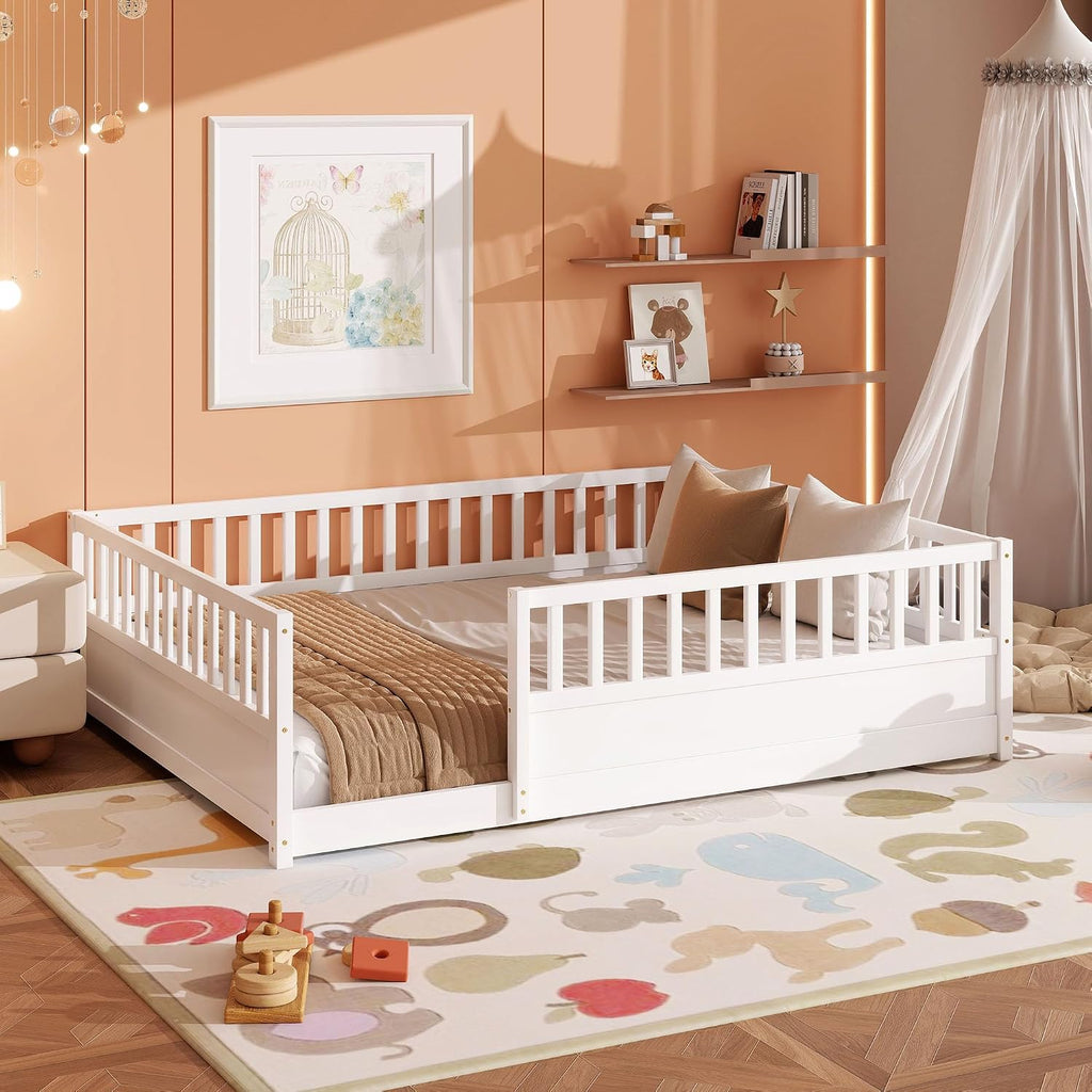 Floor Bed Frame with 21.4" High Fence, Solid Wood Montessori Floor Bed for Kids, Low to Ground