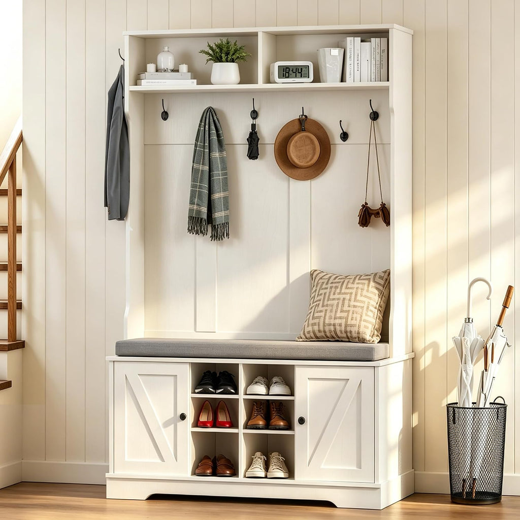 71" Hall Tree with Bench and Shoe Storage, Entryway Hall Tree with 2 Doors and 6 Adjustable Shelves, Cushioned