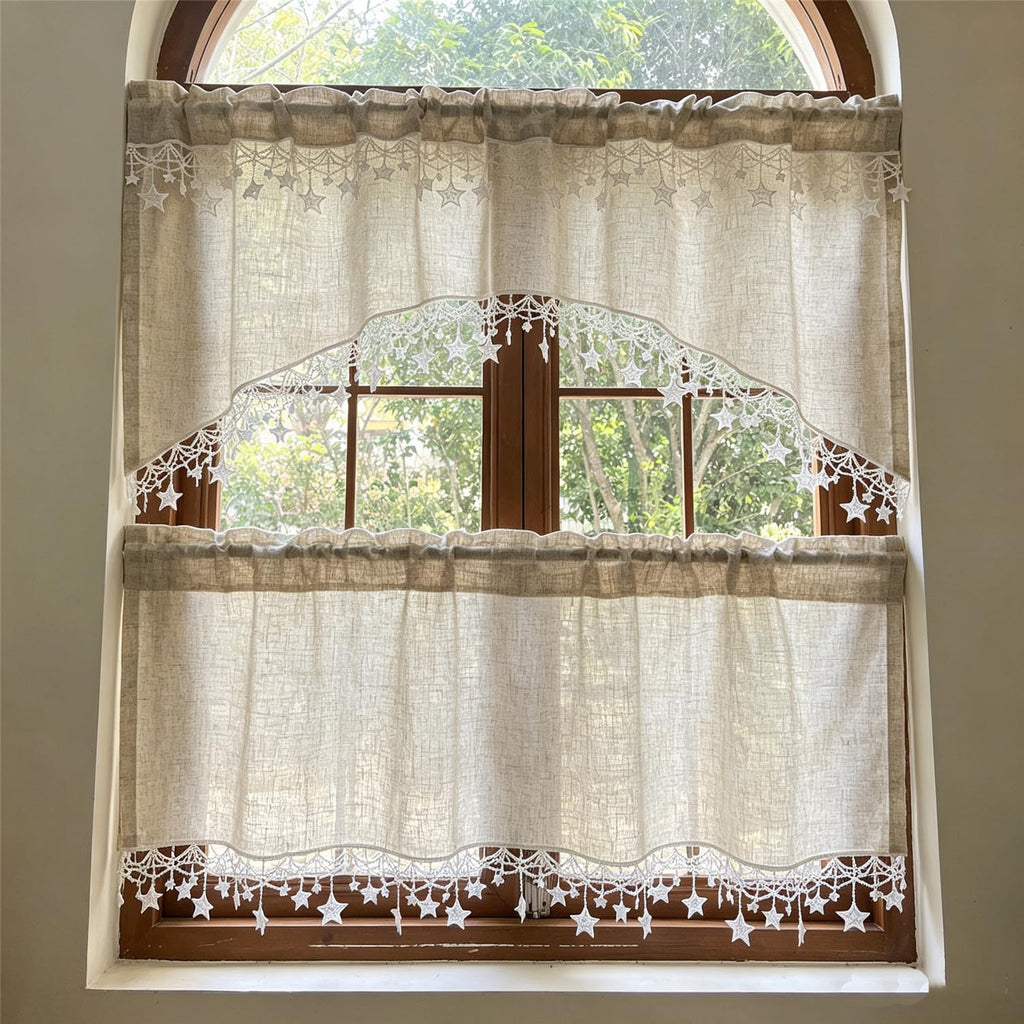 1 Panel Boho Style Beige Arched Linen Cafe Curtain Valance with Stars Trim