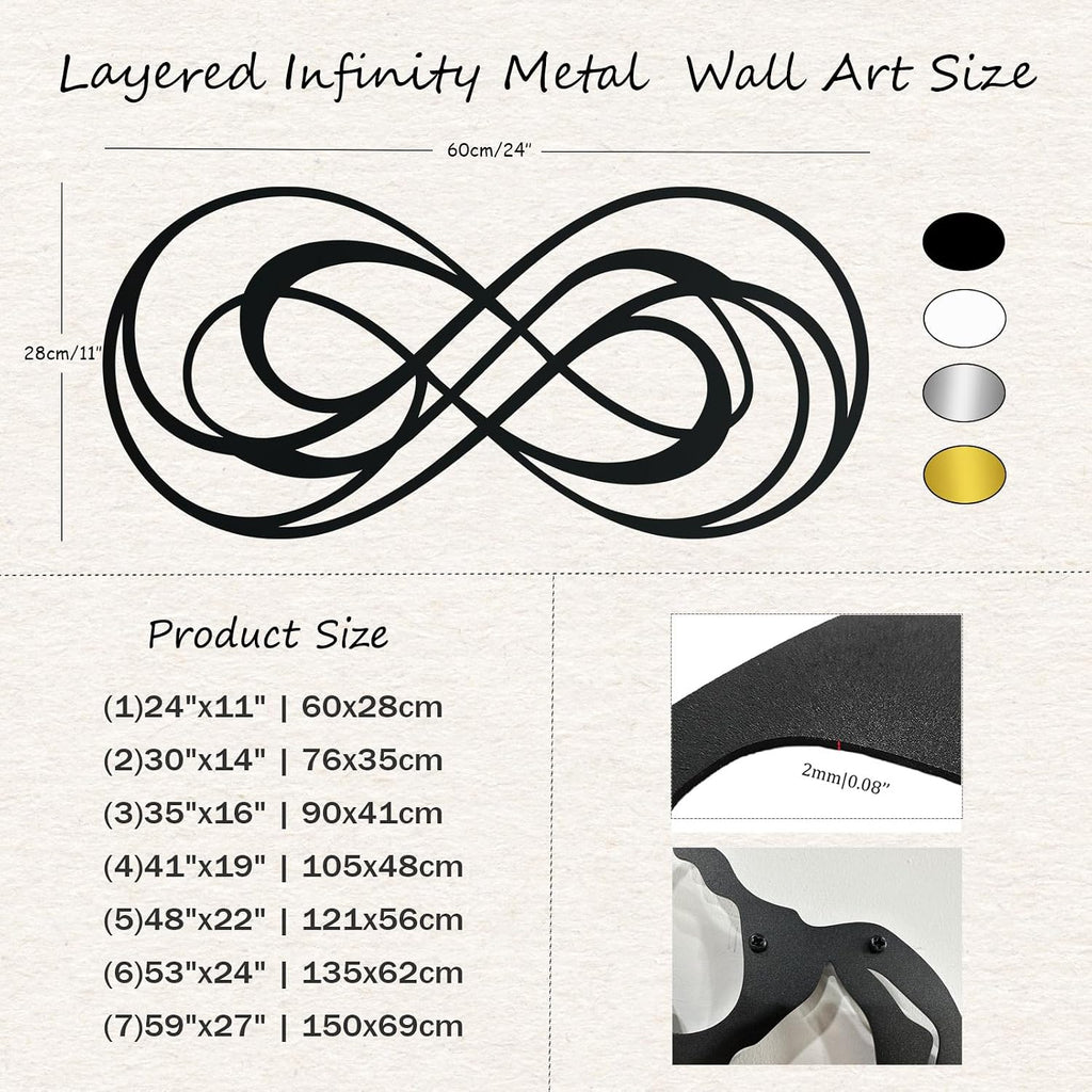 Layered Infinity Metal Wall Art, Abstract Loop Line Decor, Modern Wall Hanging Bedroom (Black, 24"x11"|60x28cm)