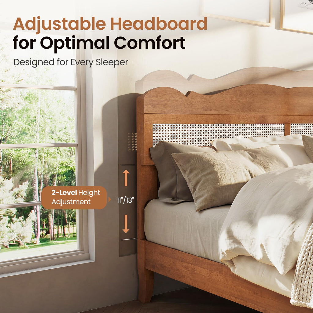 Solid Wood Full Size Bed Frame with Adjustable Headboard