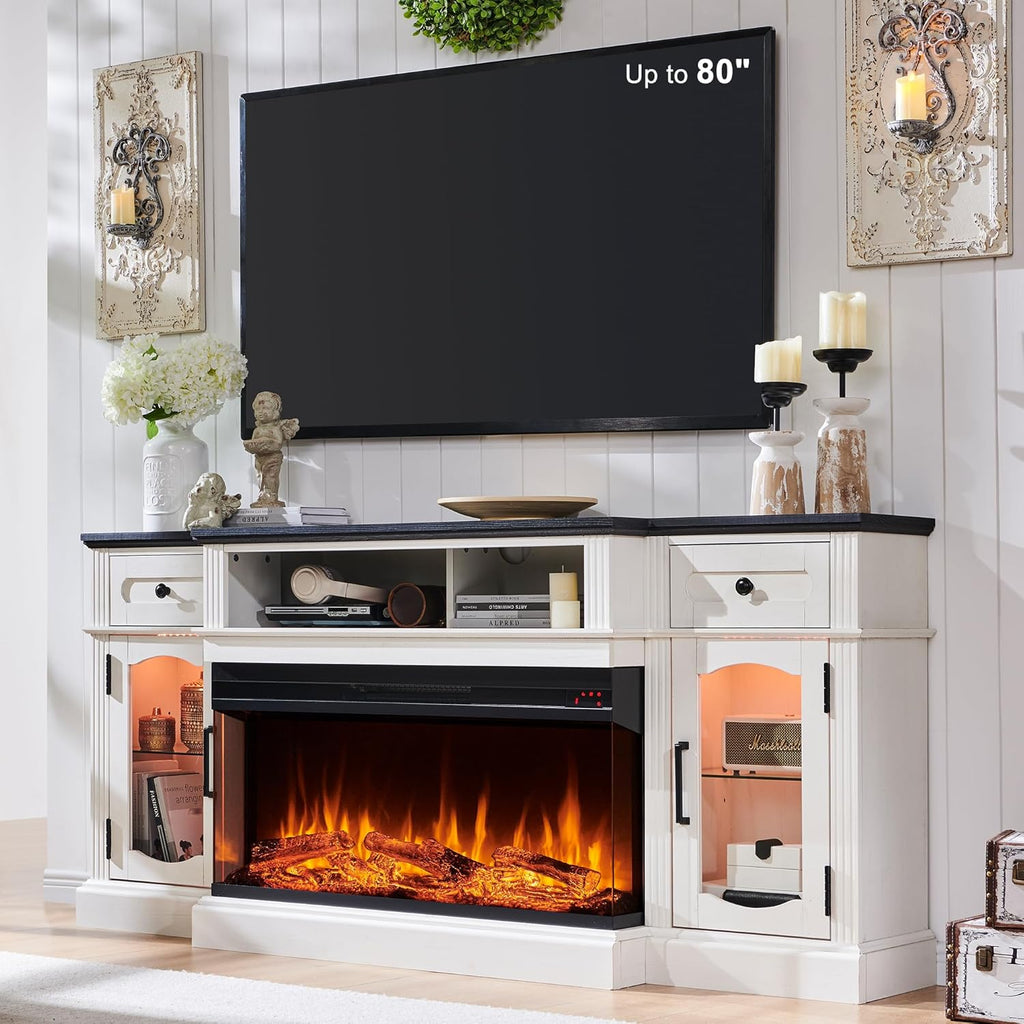 Farmhouse Electric Fireplace TV Stand for TVs up to 80 Inches, Entertainment Center with 36 Inch 3-Sided Glass Fireplace and LED Lights, 70 Inch TV Console, Antique White