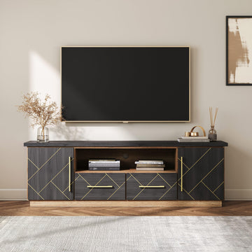 70 Inch Modern TV Stand with Gold Trim, Elegant Entertainment Center with Storage, Media Console Table with Drawers &