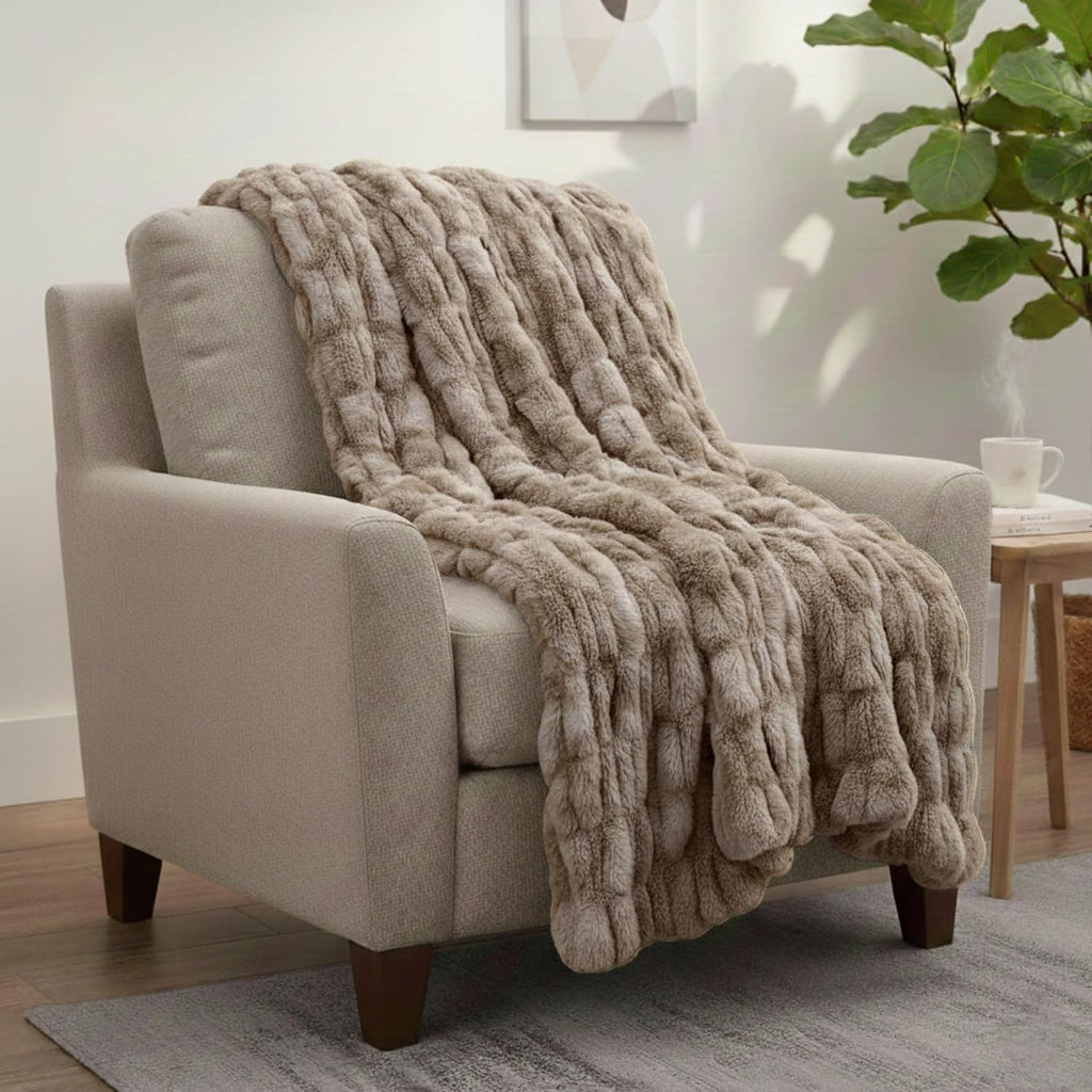 Oversized Ruched Faux Fur Blanket, Taupe, 60" x 80" | Plush Polyester Faux Fur Queen-Size Throw Blanket for Sofas and
