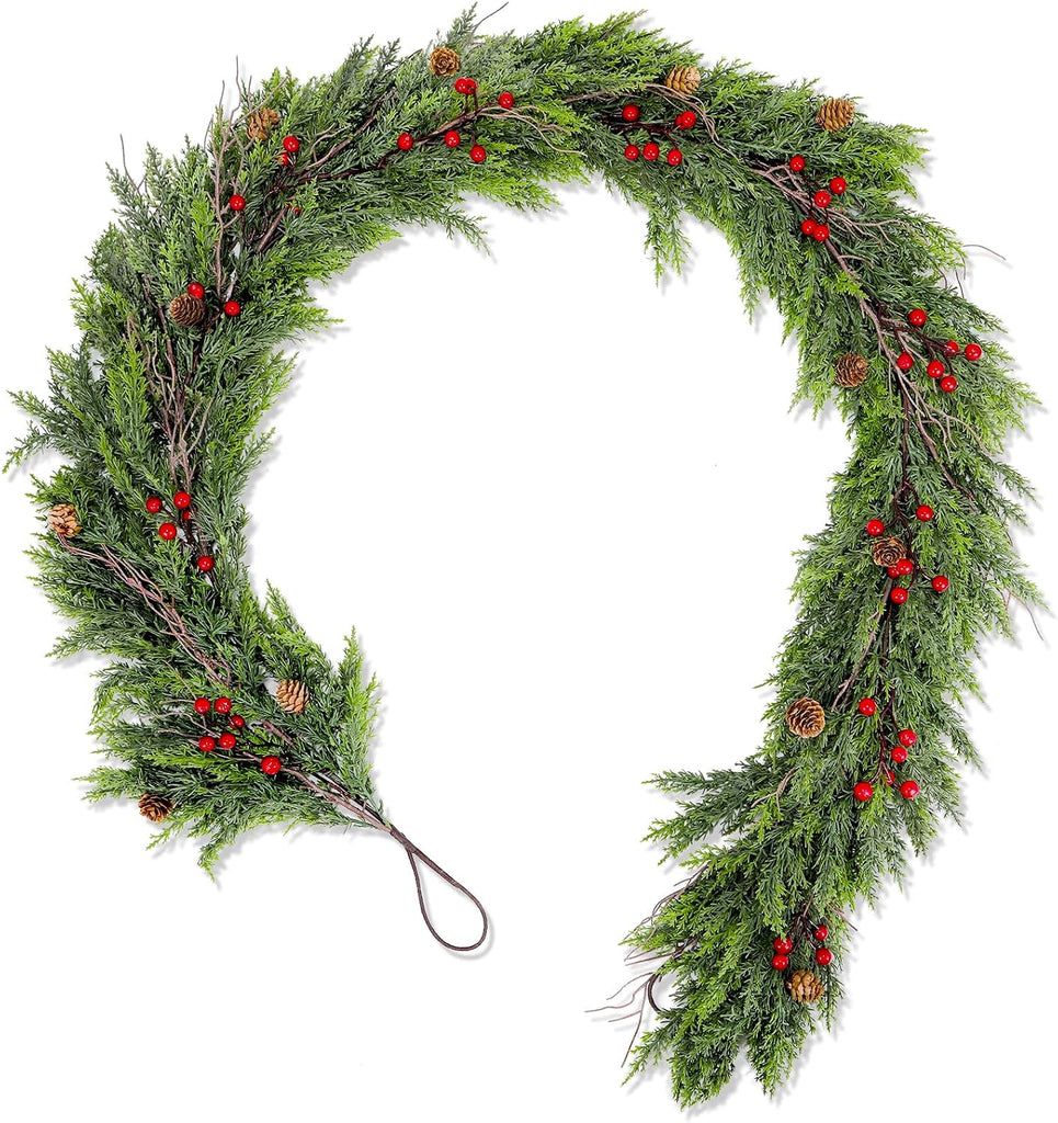 Faux Cedar Christmas Garland with Red Berries & Pine Cones - Full Faux Winter Greenery for Holiday Mantel, Staircase