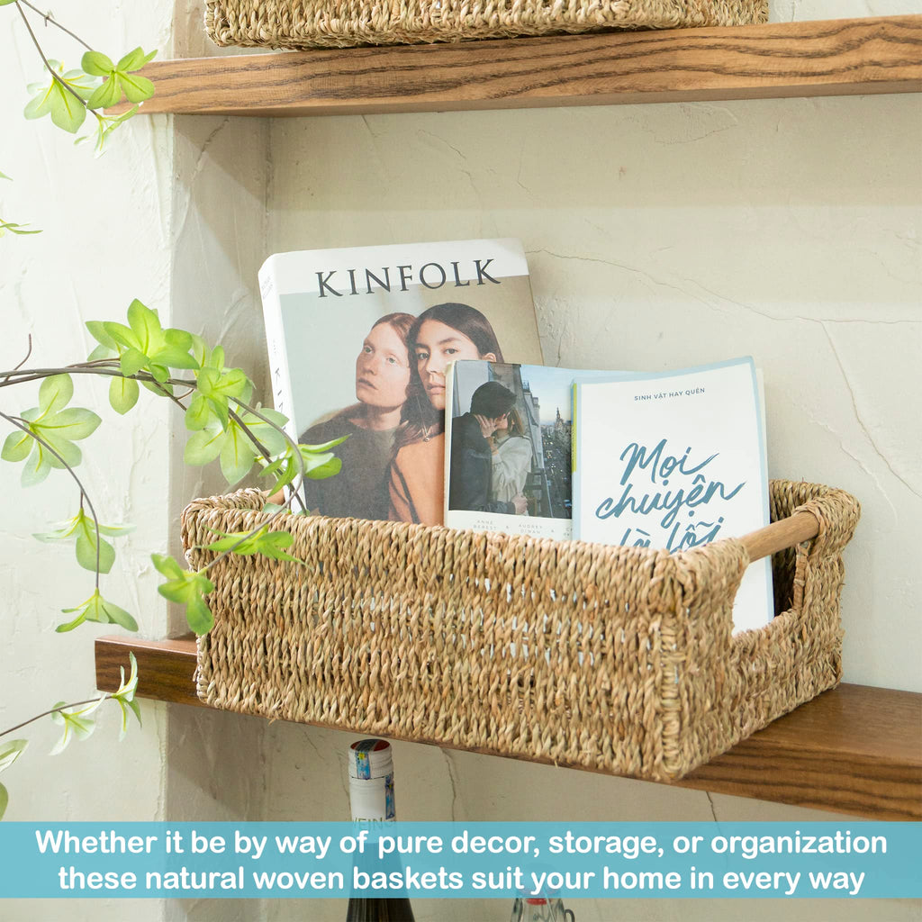 Large Natural Wicker Basket Rectangular with Wooden Handles, Seagrass Storage for Organizing, Shelves 15.5 x 10.6 x