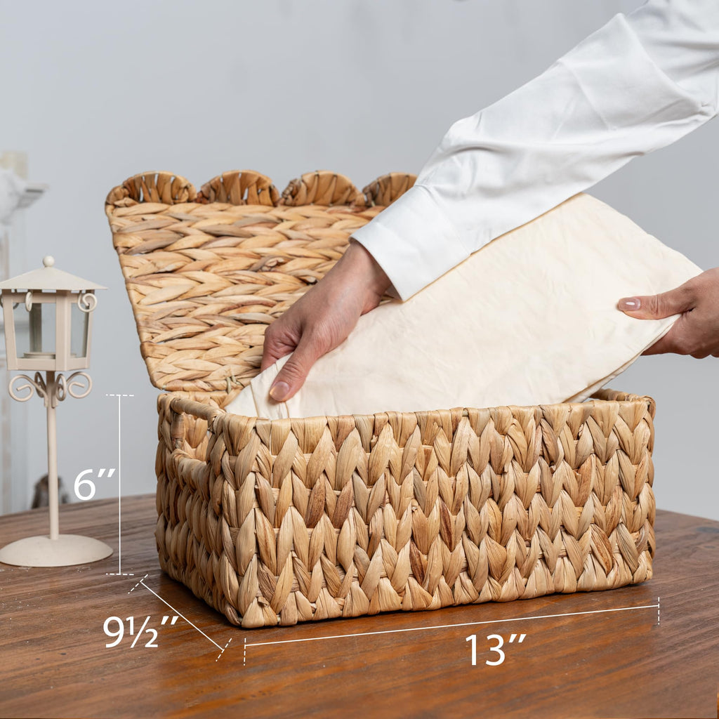 Wicker Storage Basket with Lid, Scalloped Wicker Baskets