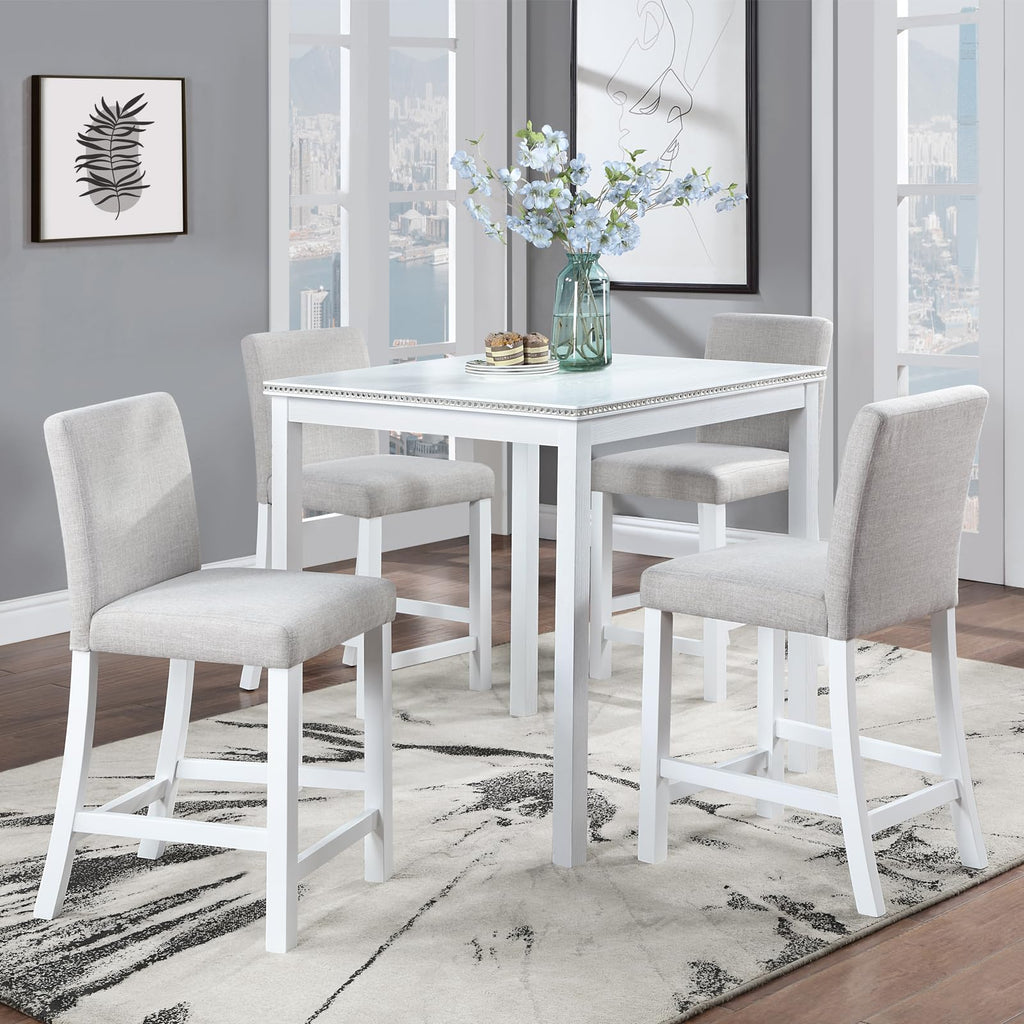 Square Dining Table for 4, Farmhouse Wood Counter Height Kitchen Table for Small Space, No Included Chairs, White