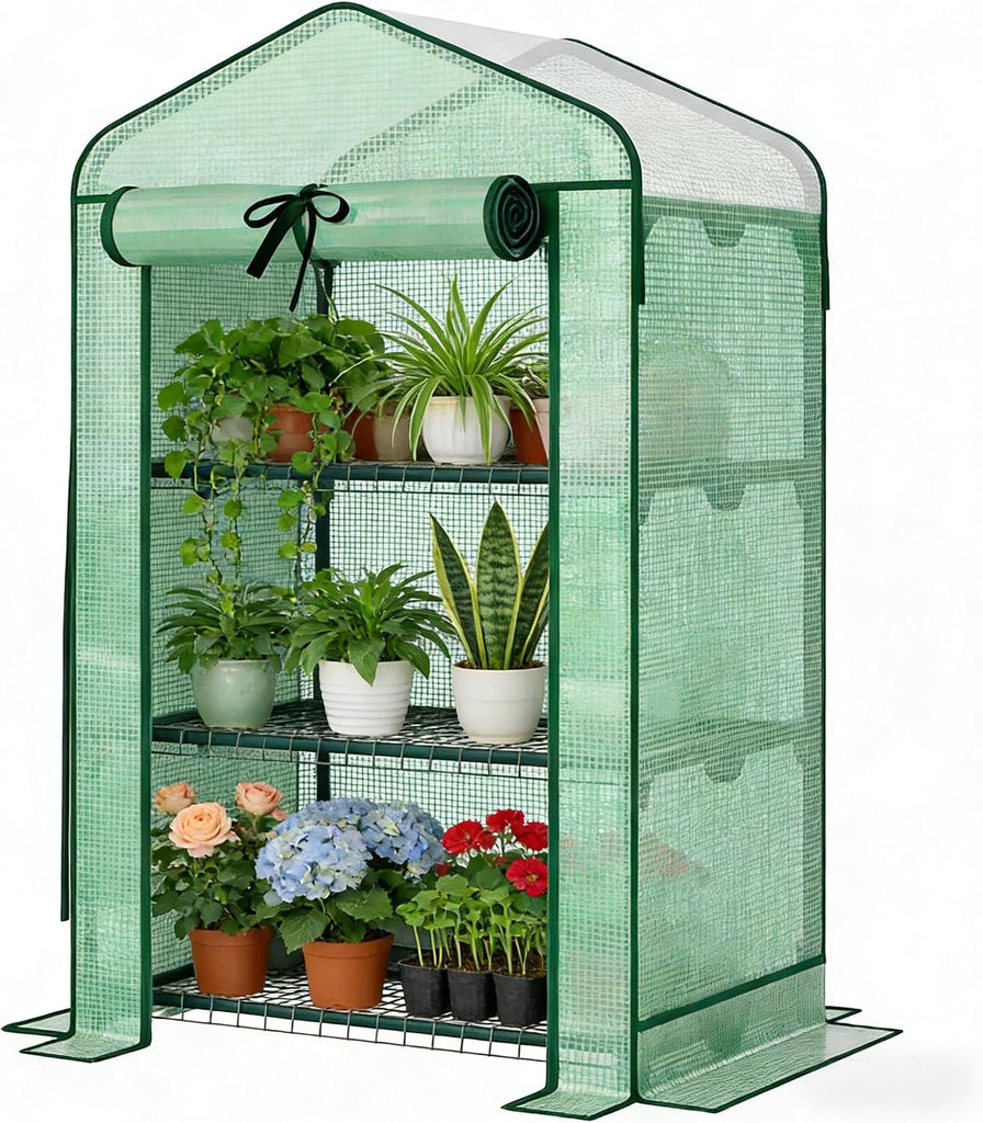Small Mini Greenhouse with Three-Tier Shelves and Double-Layer Roof | Double-layer roof with zippered door for