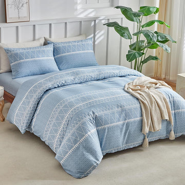 Duvet Cover with Fitted Sheet - 4 Pieces Blue Striped Printed Soft Bedding Set, Includes 1 Duvet Cover