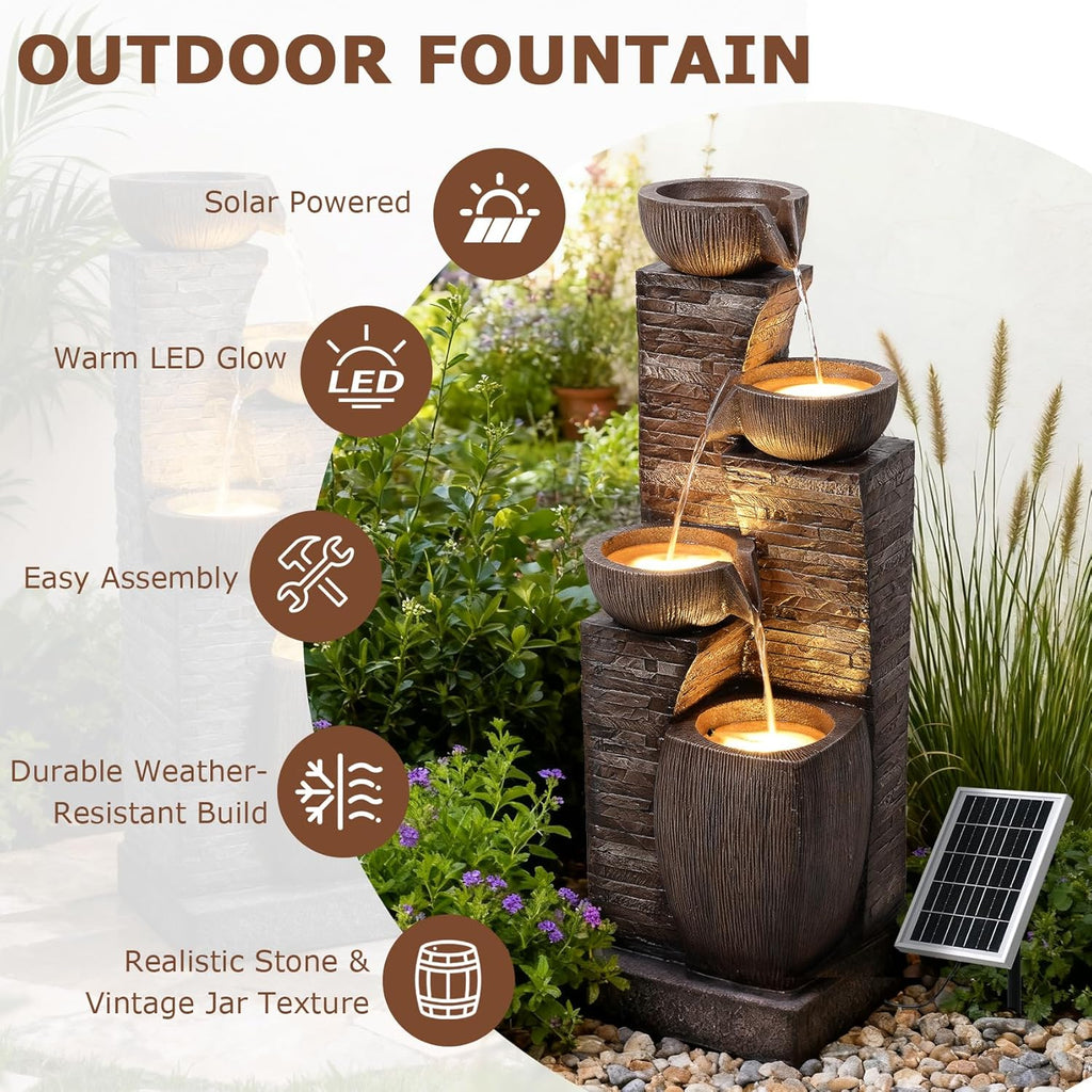 38.2" Tall Solar Powered Water Fountain,4 Tiers Modern Cascading Bowls and Stacked Stones Solar Fountains with LED