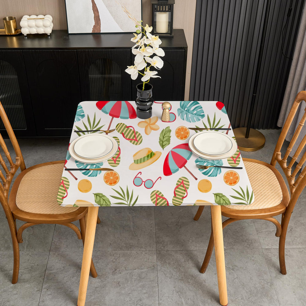 Summer Non Slip Wrinkle Free Fitted Small Square Tablecloth 34x34 Inch - Beach Umbrella and Flip-Flops Spandex Table
