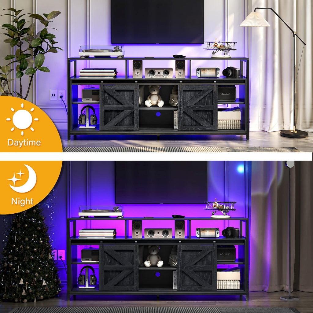 Mid Century Modern Black TV Stand with Sliding Barn Doors, Charging Station, LED Lights, and Storage Shelves for up