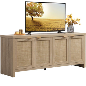 TV Stand Boho Entertainment Center with 4 Rattan Cabinets Farmhouse Television Stands with Storage Large Media