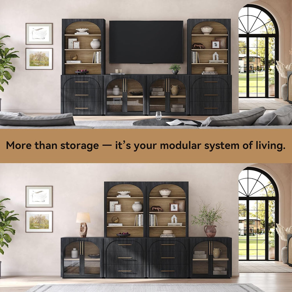 72'' Tall Arched Bookshelf with Glass Doors, 6 Tier Bookcase | Mid-Century Modern Display Cabinet, Modular Accent