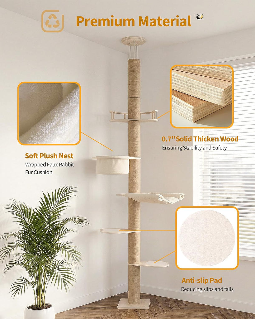 9ft Floor to Ceiling Cat Tree for Large Cats, 5'' Deep Hammock