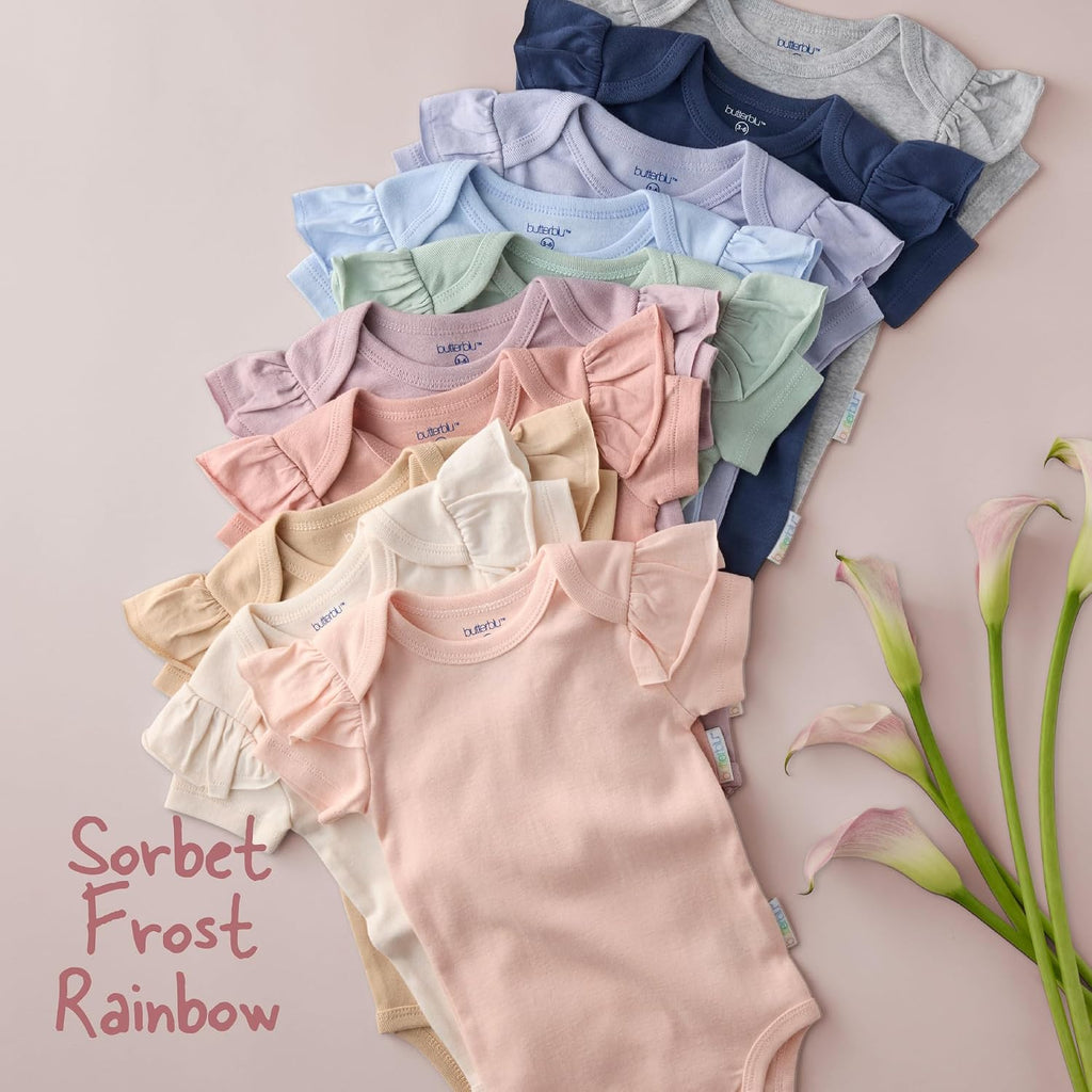 Rory Pack Short Sleeve Ruffle Shoulder Bodysuits 100% Organic Cotton for Baby Girls