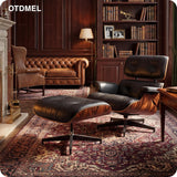 Mid-Century Modern Lounge Chair & Ottoman — Black Top-Grain Leather, Rosewood Base, Extended Chaise