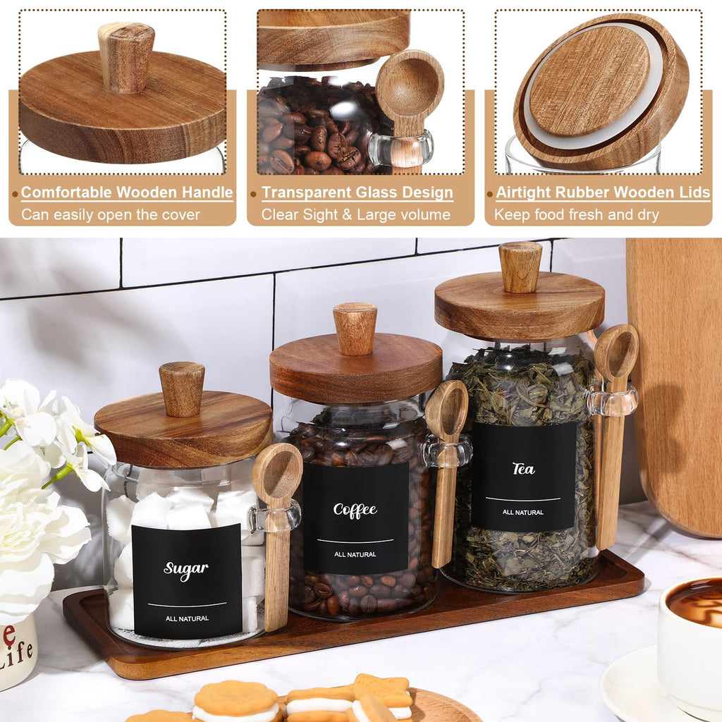 3 Pcs Glass Coffee Container Set, 13.5, 20, 25 oz, Acacia Brown