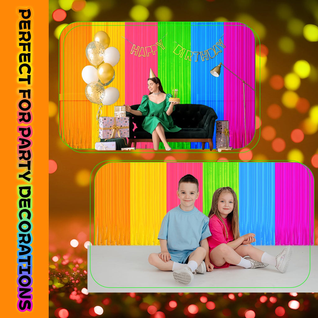8 Pack Glow in The Dark Curtains Party Supplies 6.6 x 3.3 Ft Glow Tinsel Foil Fringe Curtains Colorful Patchwork