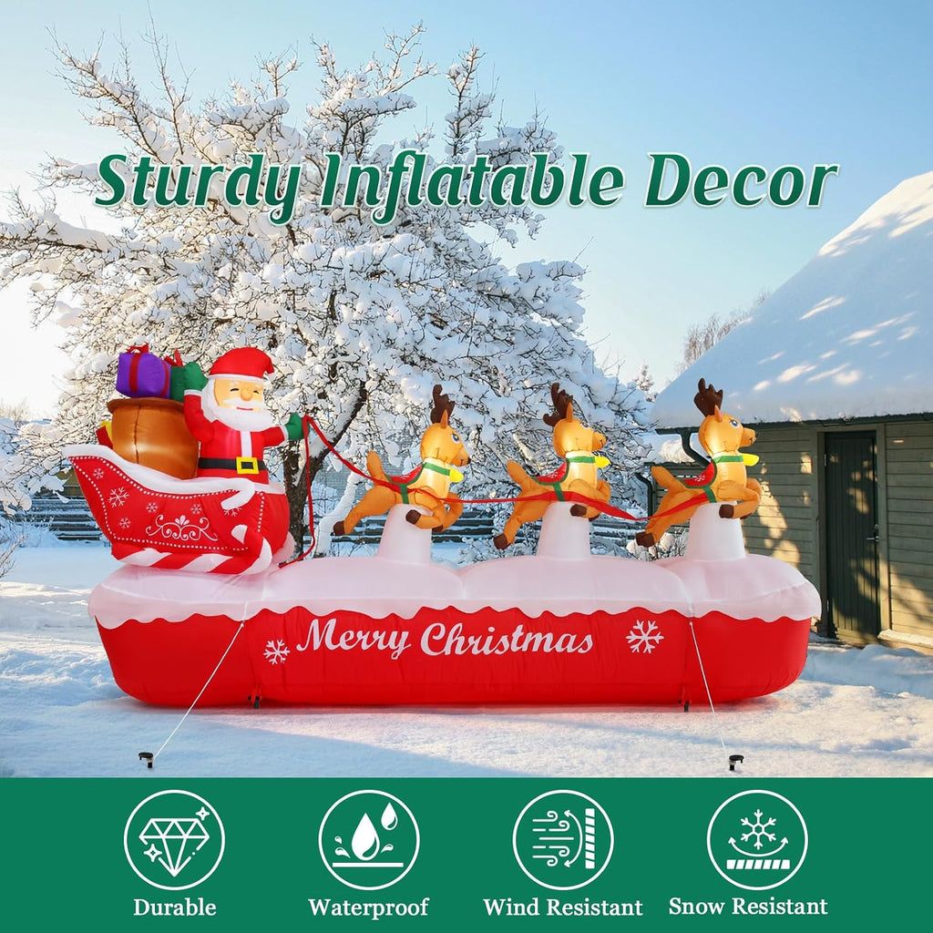 10 FT Christmas Inflatables Outdoor Decorations Santa Claus on Sleigh, Blow Up Cute Elks Pulling Santa's Inflatable